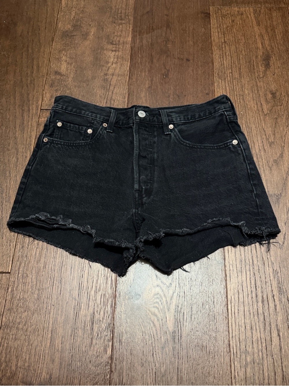 Levi 501 Black Frayed Hem Denim Shorts - Picture 1 of 4